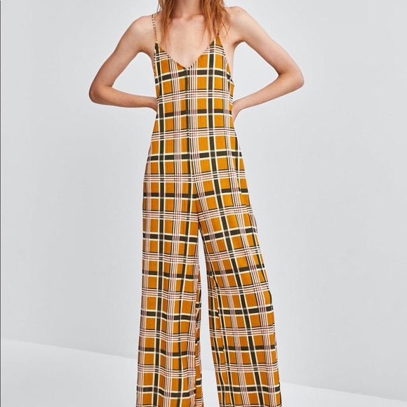 Zara Pants - Zara mustard plaid flowy jumpsuit with straps Zara Pants - Zara mustard plaid flowy jumpsuit with straps